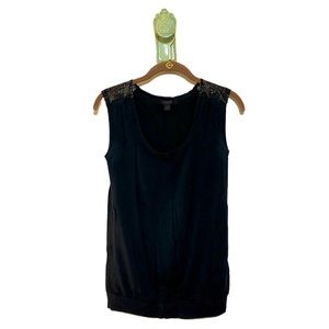 Express Lace Shoulder Tank Bubble Blousy Hem Knit Sheer Black Metallic
